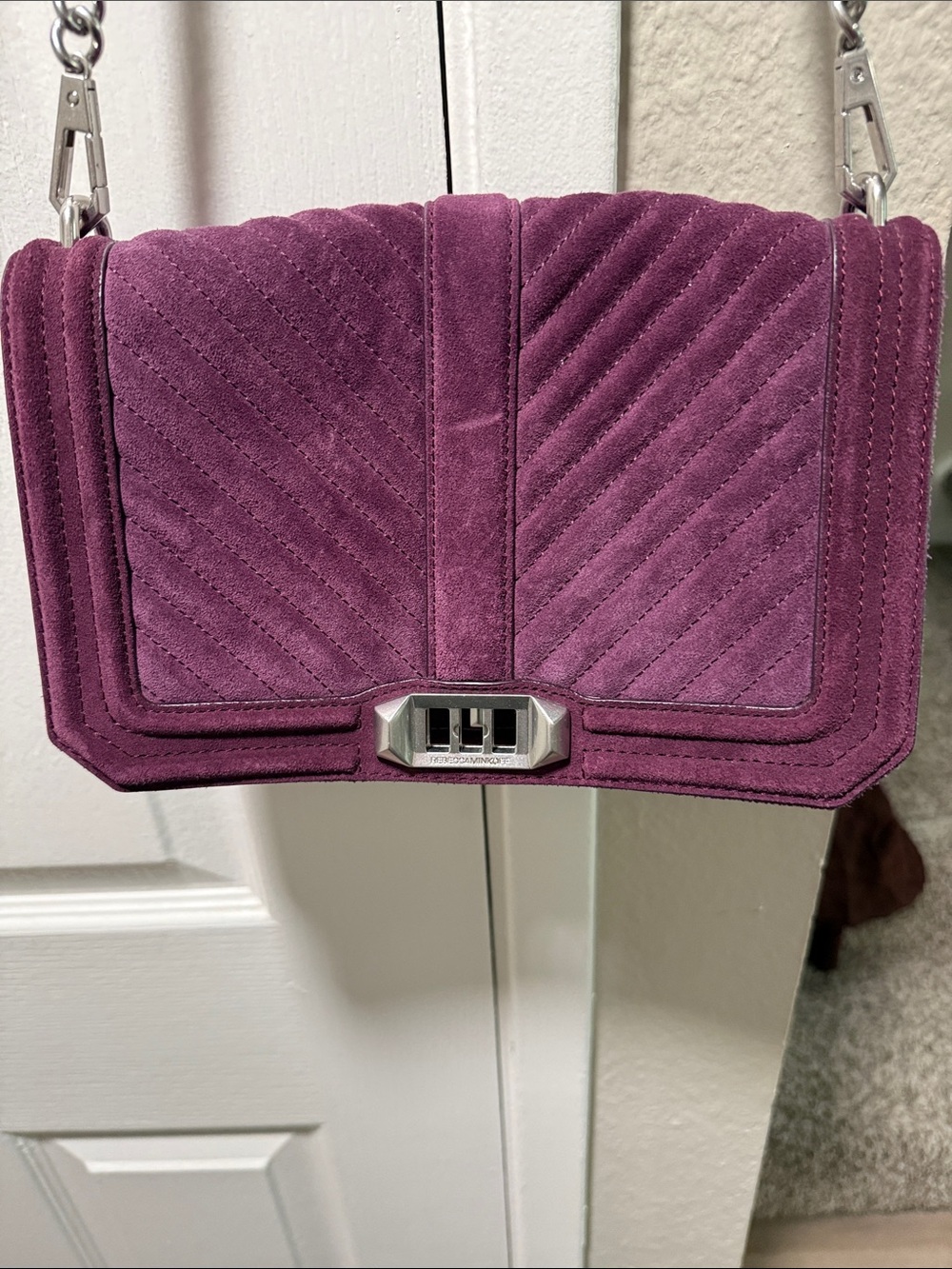 Rebecca Minkoff Plum Quilted Velvet Crossbody with Silver Chain